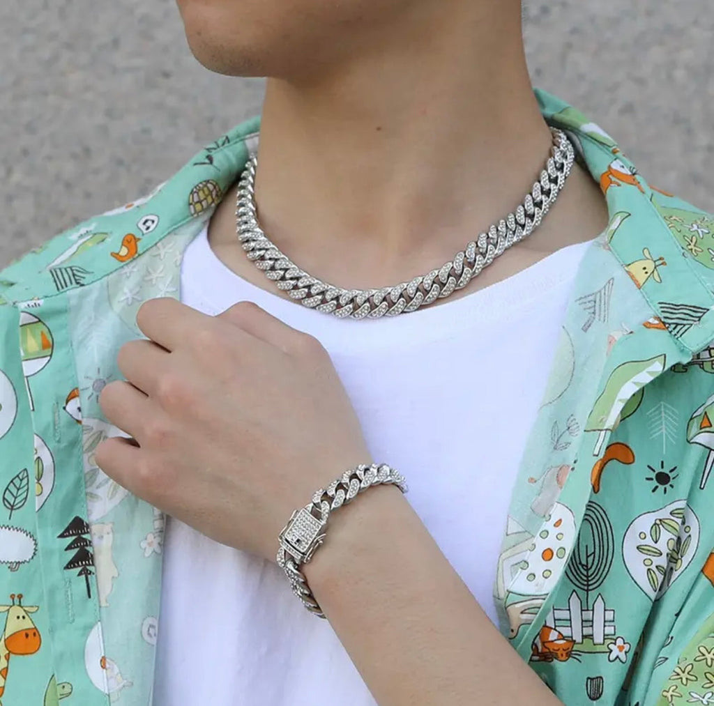 13mm Silver Iced Out Miami Cuban Neck Chain And Bracelet Set