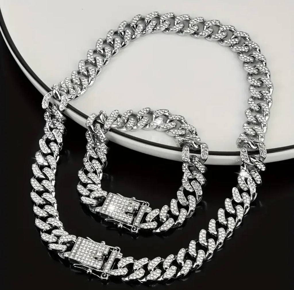 13mm Silver Iced Out Miami Cuban Neck Chain And Bracelet Set