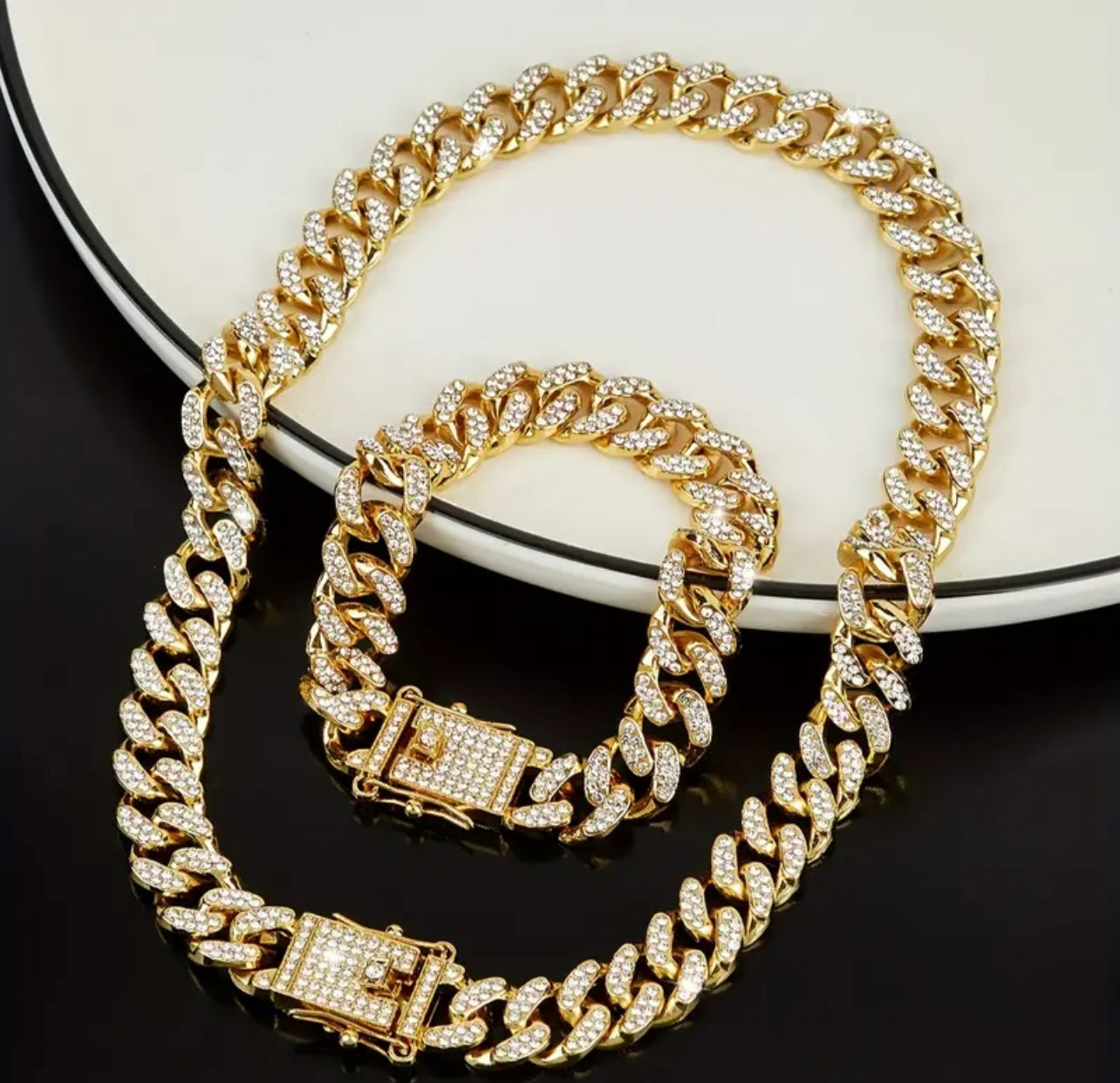 13mm Golden Iced Out Miami Cuban Neck Chain And Bracelet Set