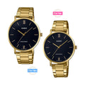 Casio VT01G-1B simple black roman dial & golden stainless steel pair watches for couple