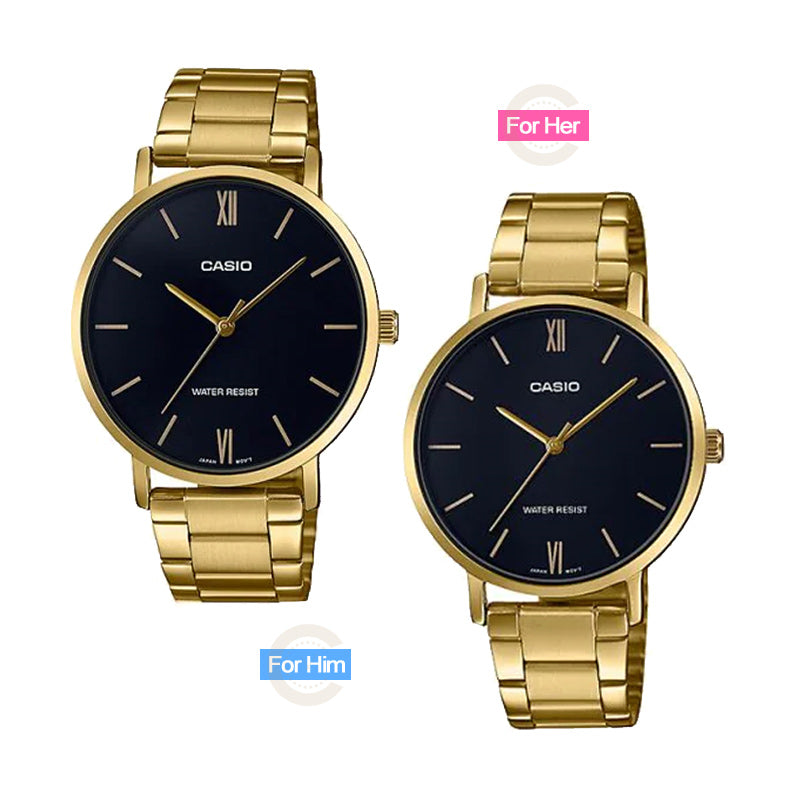 Casio VT01G-1B simple black roman dial & golden stainless steel pair watches for couple