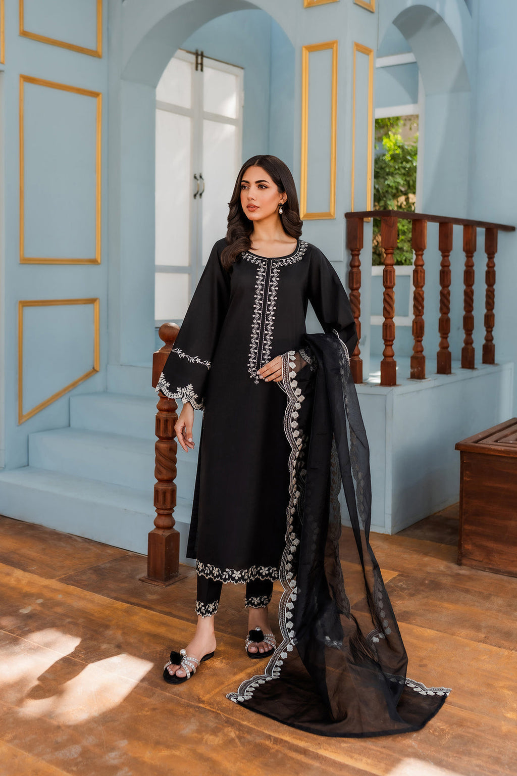 3PC Dhanak Embroidered Suit with Organza Embroidered Dupatta