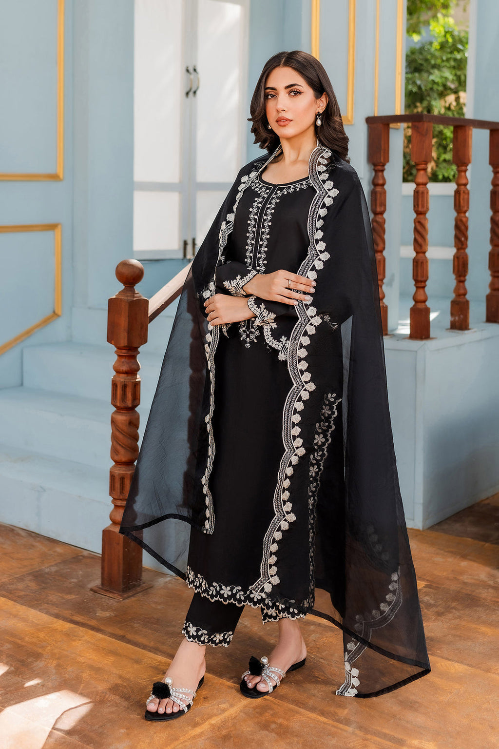 3PC Dhanak Embroidered Suit with Organza Embroidered Dupatta