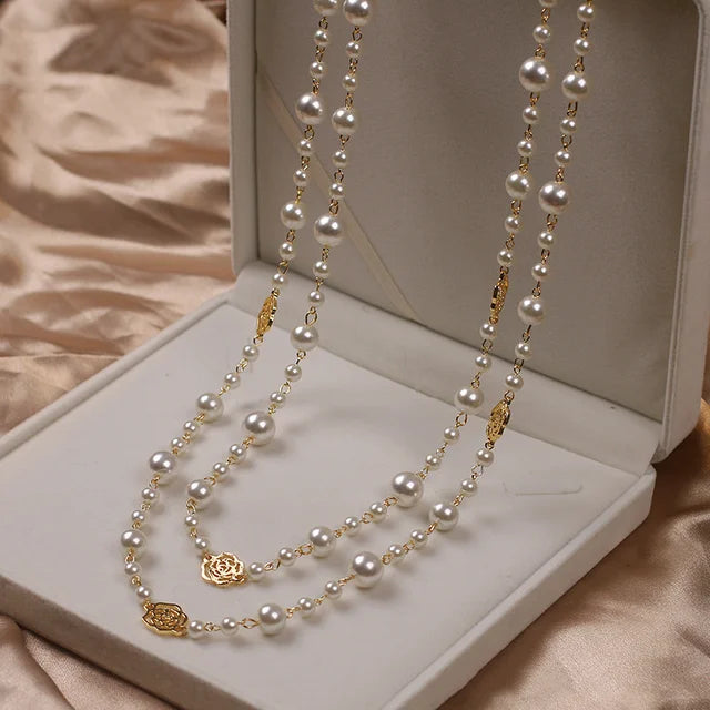 Camellia Pearls Flower Long Necklace Chain Elegant Double Layers Fashion Jewelry For Women