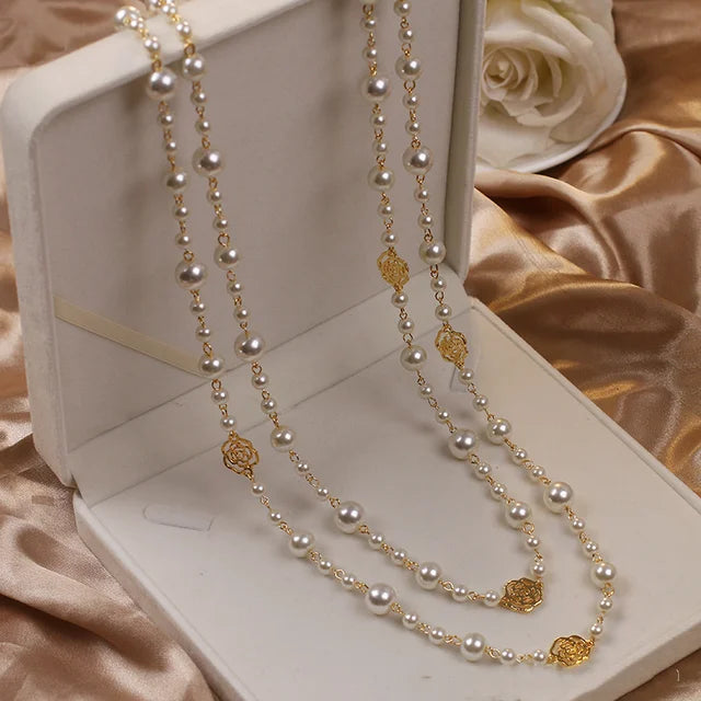 Camellia Pearls Flower Long Necklace Chain Elegant Double Layers Fashion Jewelry For Women