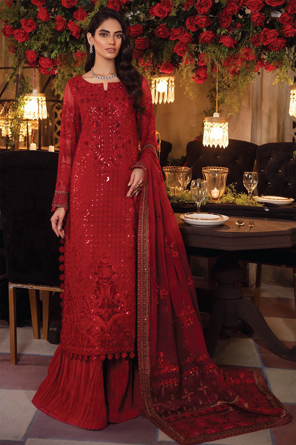 BAROUQE 3PC HEAVY EMBROIDERED HANDMADE WORK WITH HEAVY EMBROIDERED DUPATTA  -BIC-3413-RED