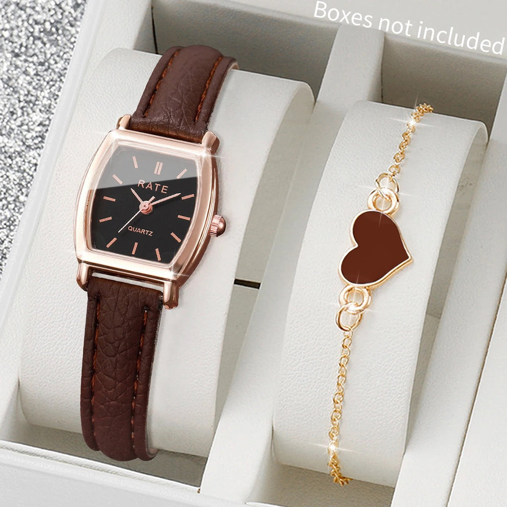 2PCS Fashion Leather Strap Quartz Wristwatches Set With Heart Bracelet
